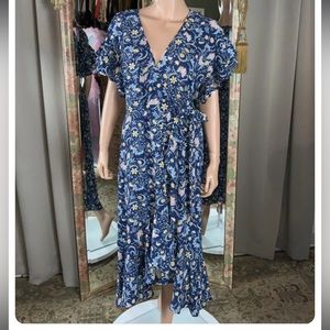 Max Studio Wrap Dress Floral Navy Ruffle Crepe
